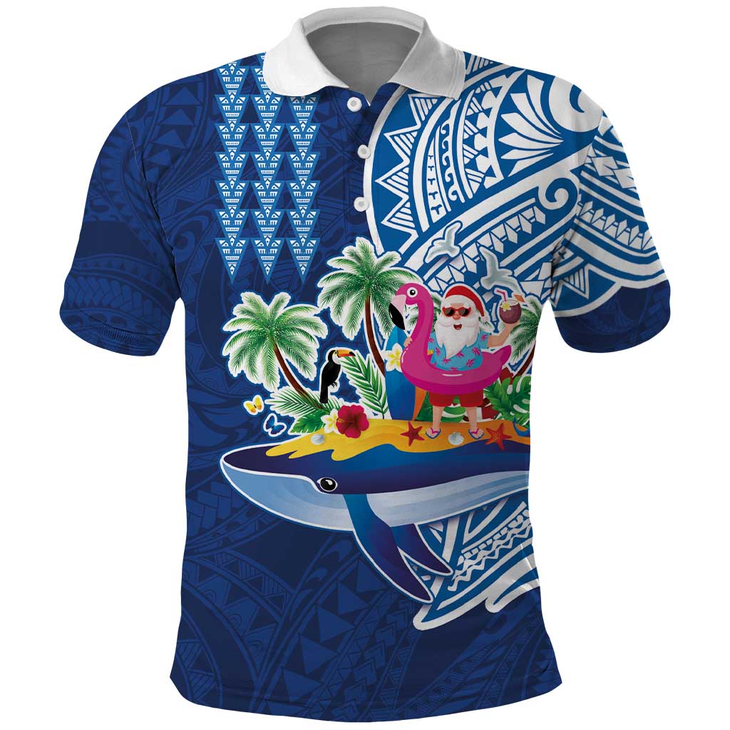 Hawaiian Mele Kalikimaka Polo Shirt Funny Santa on Whale Island with Kakau Tattoos LT03 Blue - Polynesian Pride