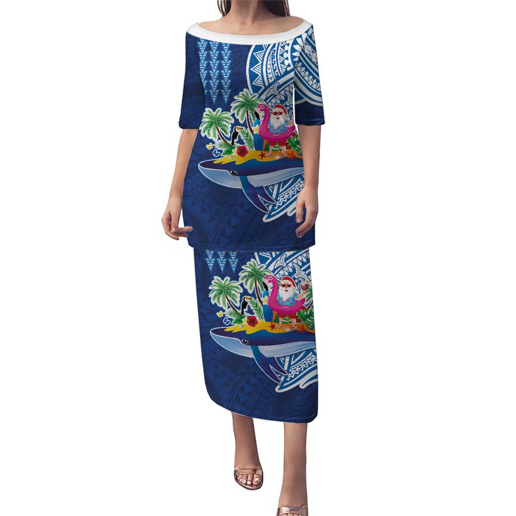Hawaiian Mele Kalikimaka Puletasi Funny Santa on Whale Island with Kakau Tattoos LT03 Long Dress Blue - Polynesian Pride