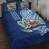 Hawaiian Mele Kalikimaka Quilt Bed Set Funny Santa on Whale Island with Kakau Tattoos LT03 Blue - Polynesian Pride