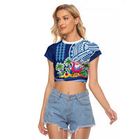 Hawaiian Mele Kalikimaka Raglan Cropped T Shirt Funny Santa on Whale Island with Kakau Tattoos LT03 Female Blue - Polynesian Pride