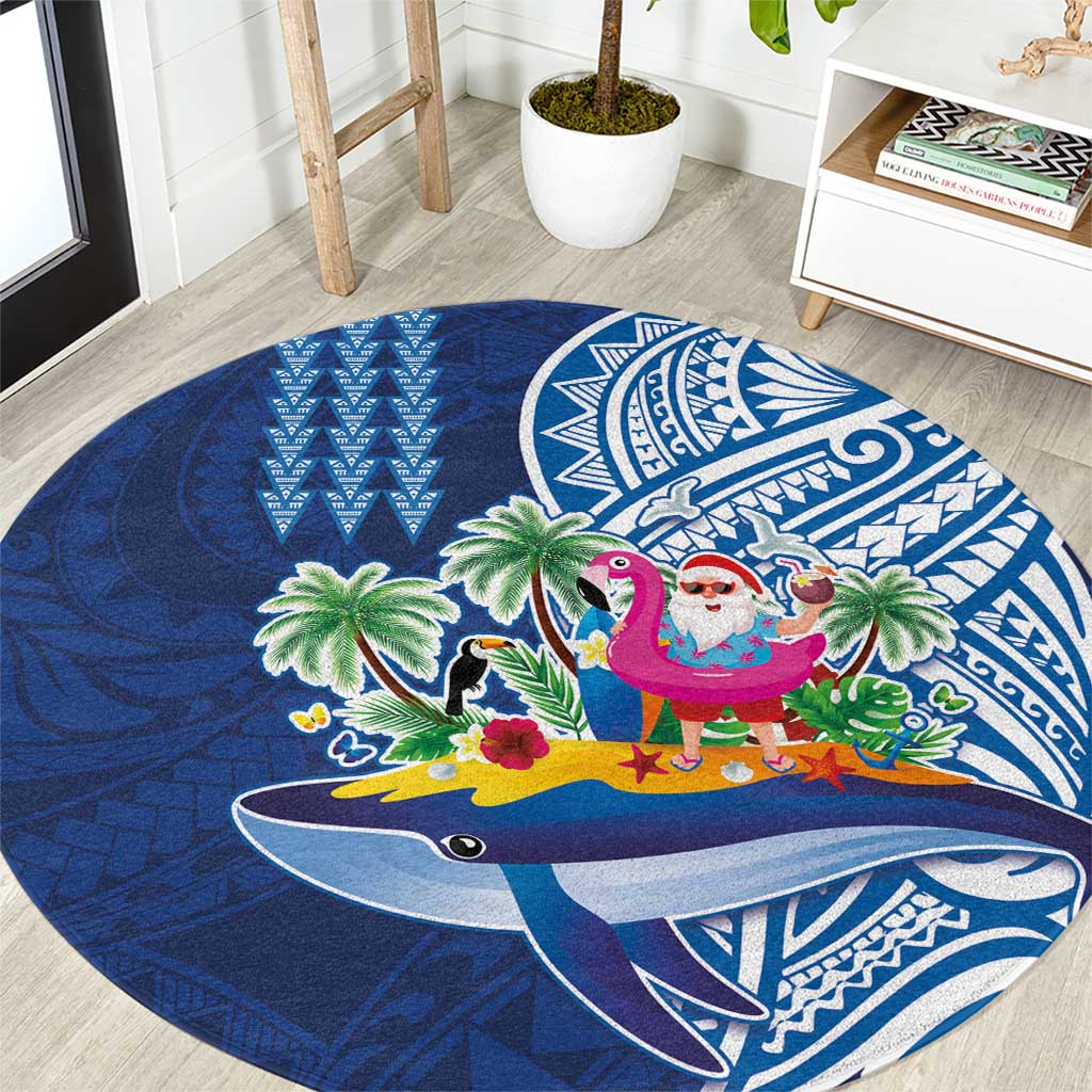 Hawaiian Mele Kalikimaka Round Carpet Funny Santa on Whale Island with Kakau Tattoos LT03 Blue - Polynesian Pride