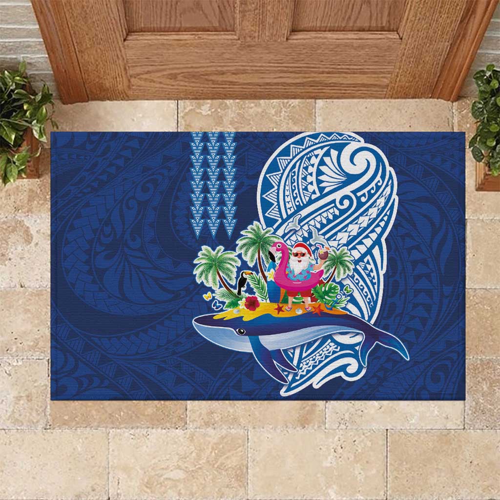 Hawaiian Mele Kalikimaka Rubber Doormat Funny Santa on Whale Island with Kakau Tattoos LT03 Blue - Polynesian Pride