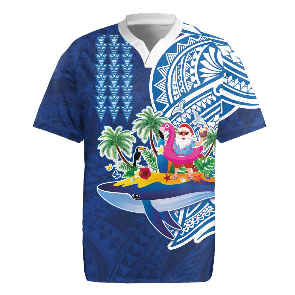 Hawaiian Mele Kalikimaka Rugby Jersey Funny Santa on Whale Island with Kakau Tattoos LT03 Blue - Polynesian Pride