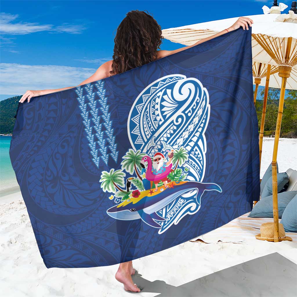 Hawaiian Mele Kalikimaka Sarong Funny Santa on Whale Island with Kakau Tattoos LT03 One Size 44 x 66 inches Blue - Polynesian Pride
