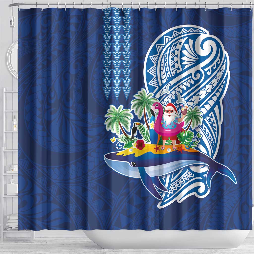 Hawaiian Mele Kalikimaka Shower Curtain Funny Santa on Whale Island with Kakau Tattoos LT03 - Polynesian Pride