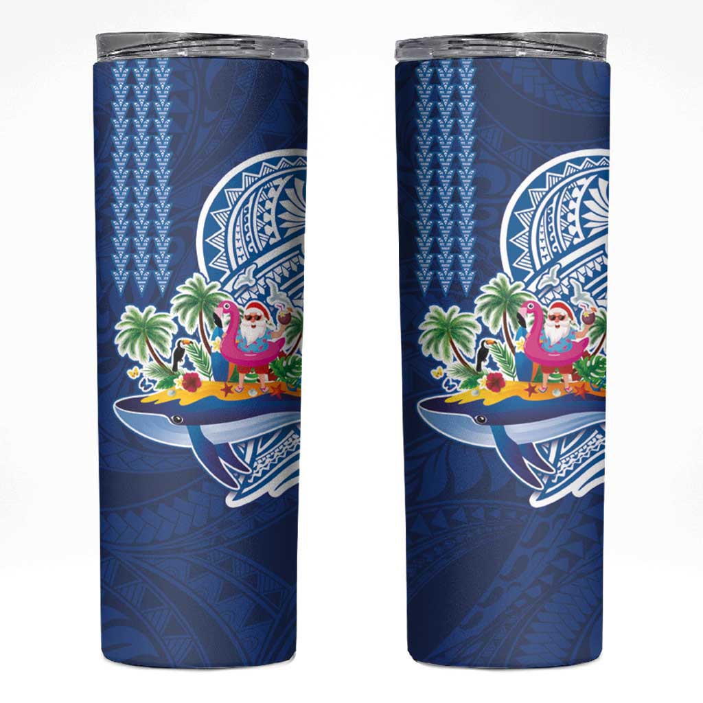 Hawaiian Mele Kalikimaka Skinny Tumbler Funny Santa on Whale Island with Kakau Tattoos LT03 Blue - Polynesian Pride