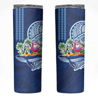 Hawaiian Mele Kalikimaka Skinny Tumbler Funny Santa on Whale Island with Kakau Tattoos LT03 Blue - Polynesian Pride