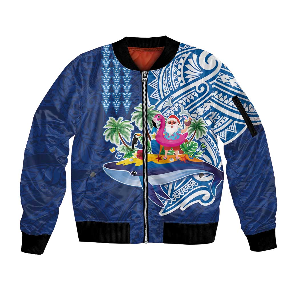 Hawaiian Mele Kalikimaka Sleeve Zip Bomber Jacket Funny Santa on Whale Island with Kakau Tattoos LT03 Unisex Blue - Polynesian Pride