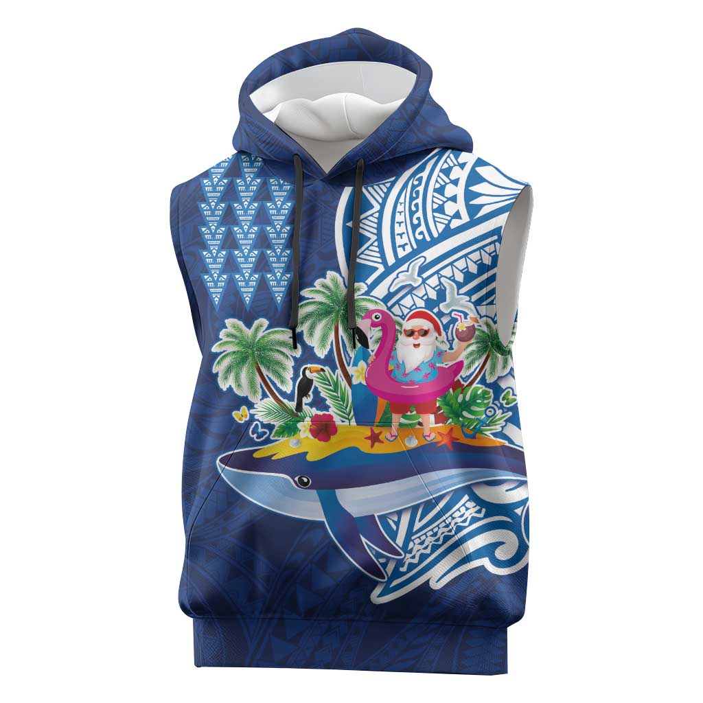 Hawaiian Mele Kalikimaka Sleeveless Hoodie Funny Santa on Whale Island with Kakau Tattoos LT03 Blue - Polynesian Pride