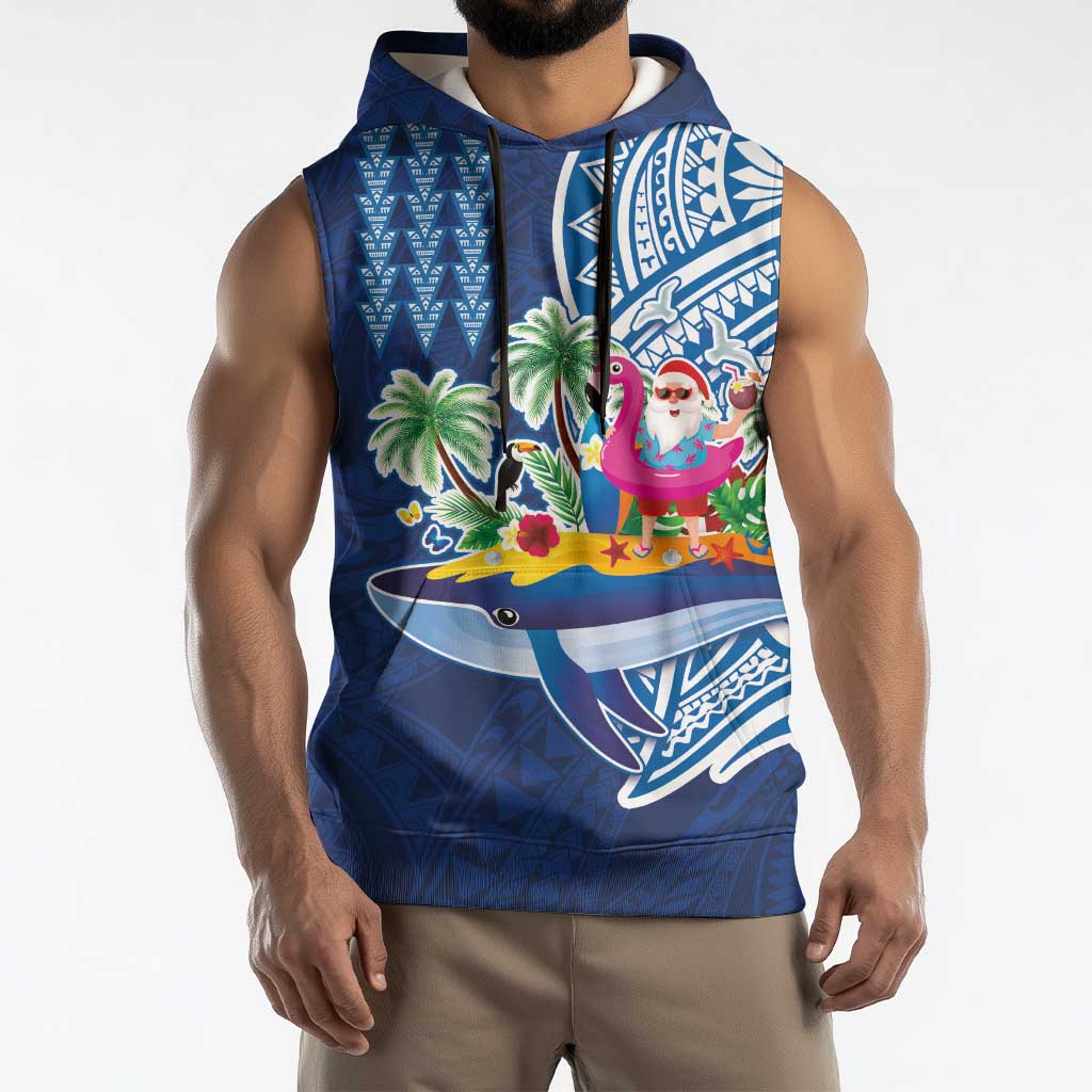 Hawaiian Mele Kalikimaka Sleeveless Hoodie Funny Santa on Whale Island with Kakau Tattoos LT03 - Polynesian Pride