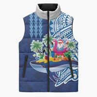 Hawaiian Mele Kalikimaka Sleeveless Puffer Jacket Funny Santa on Whale Island with Kakau Tattoos LT03 Unisex Blue - Polynesian Pride