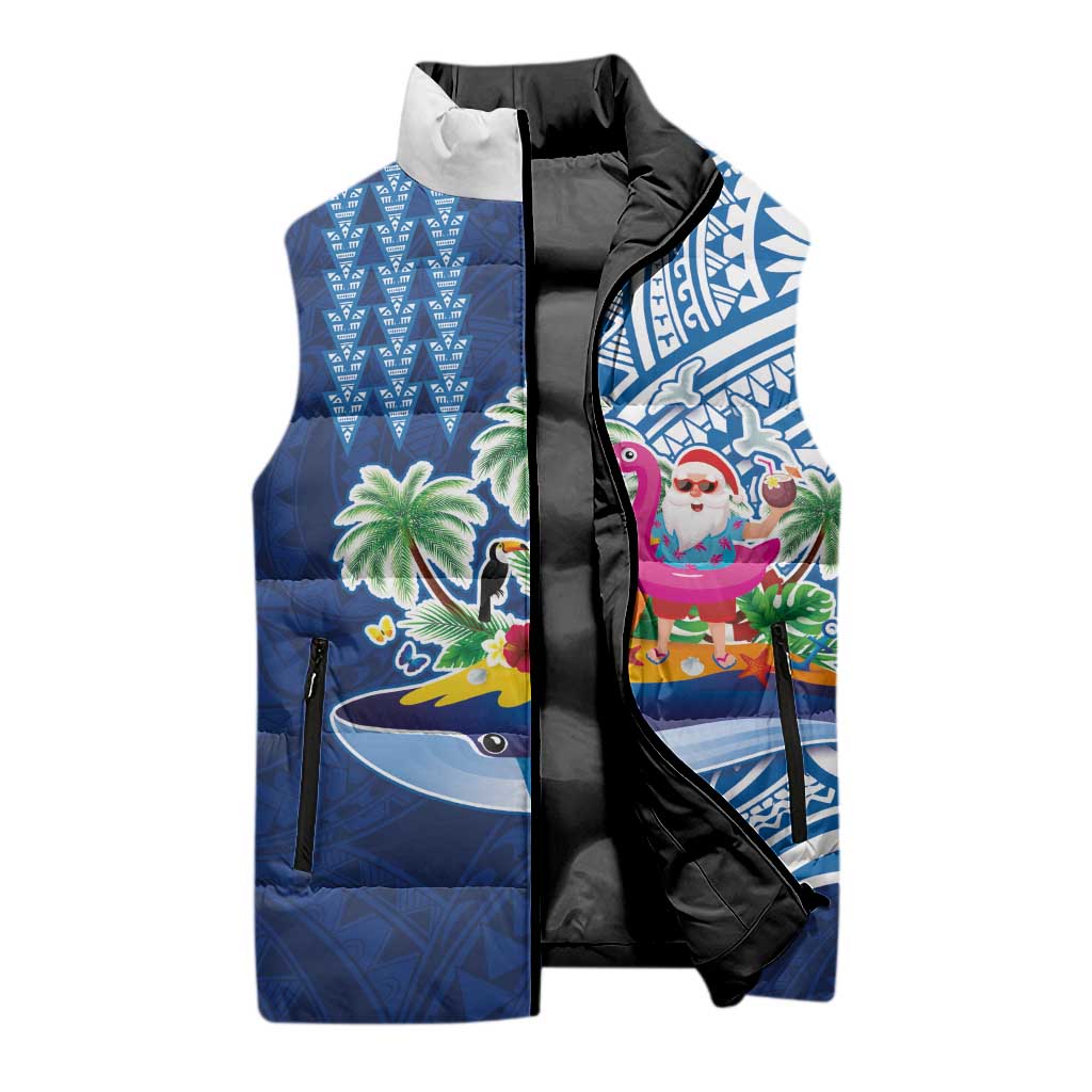 Hawaiian Mele Kalikimaka Sleeveless Puffer Jacket Funny Santa on Whale Island with Kakau Tattoos LT03 - Polynesian Pride