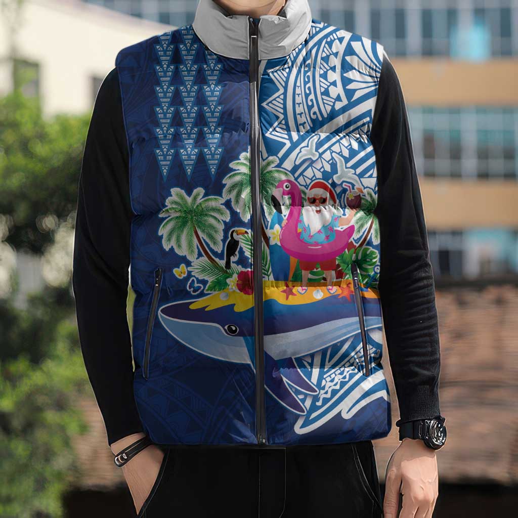 Hawaiian Mele Kalikimaka Sleeveless Puffer Jacket Funny Santa on Whale Island with Kakau Tattoos LT03 - Polynesian Pride