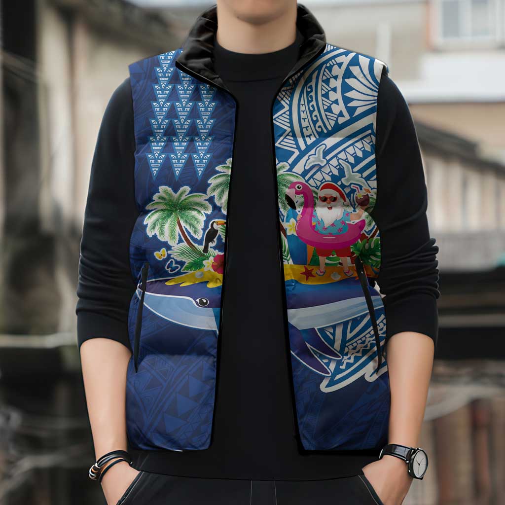 Hawaiian Mele Kalikimaka Sleeveless Puffer Jacket Funny Santa on Whale Island with Kakau Tattoos LT03 - Polynesian Pride
