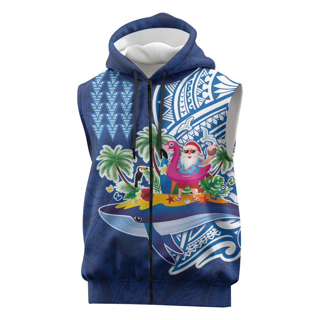 Hawaiian Mele Kalikimaka Sleeveless Zip Hoodie Funny Santa on Whale Island with Kakau Tattoos LT03 Blue - Polynesian Pride