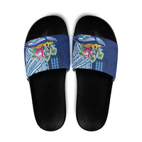 Hawaiian Mele Kalikimaka Slide Sandals Funny Santa on Whale Island with Kakau Tattoos LT03 Blue - Polynesian Pride