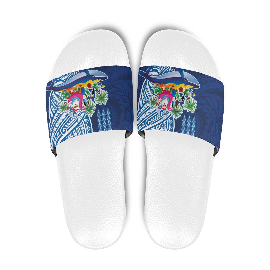 Hawaiian Mele Kalikimaka Slide Sandals Funny Santa on Whale Island with Kakau Tattoos LT03 Blue - Polynesian Pride