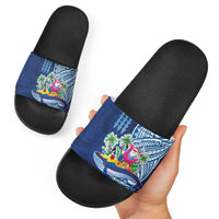 Hawaiian Mele Kalikimaka Slide Sandals Funny Santa on Whale Island with Kakau Tattoos LT03 - Polynesian Pride