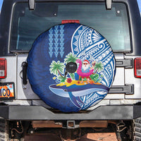 Hawaiian Mele Kalikimaka Spare Tire Cover Funny Santa on Whale Island with Kakau Tattoos LT03 Blue - Polynesian Pride