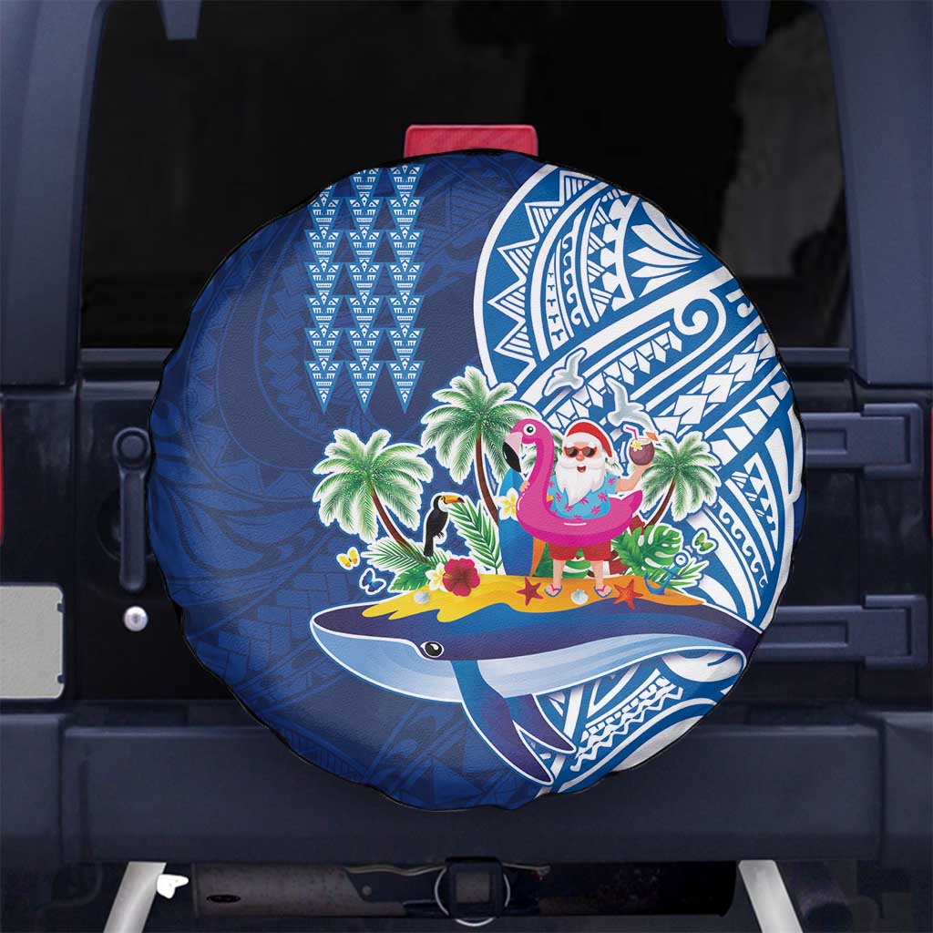 Hawaiian Mele Kalikimaka Spare Tire Cover Funny Santa on Whale Island with Kakau Tattoos LT03 No hole Blue - Polynesian Pride