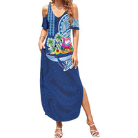 Hawaiian Mele Kalikimaka Summer Maxi Dress Funny Santa on Whale Island with Kakau Tattoos LT03 Women Blue - Polynesian Pride