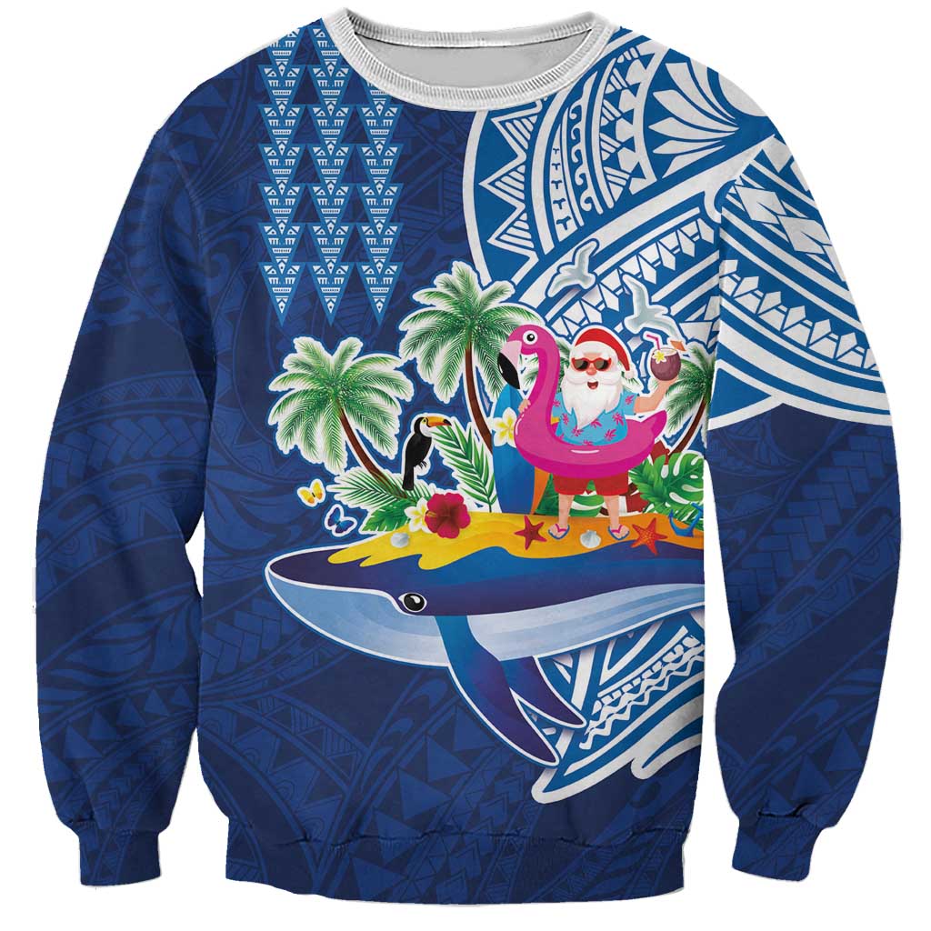 Hawaiian Mele Kalikimaka Sweatshirt Funny Santa on Whale Island with Kakau Tattoos LT03 Unisex Blue - Polynesian Pride