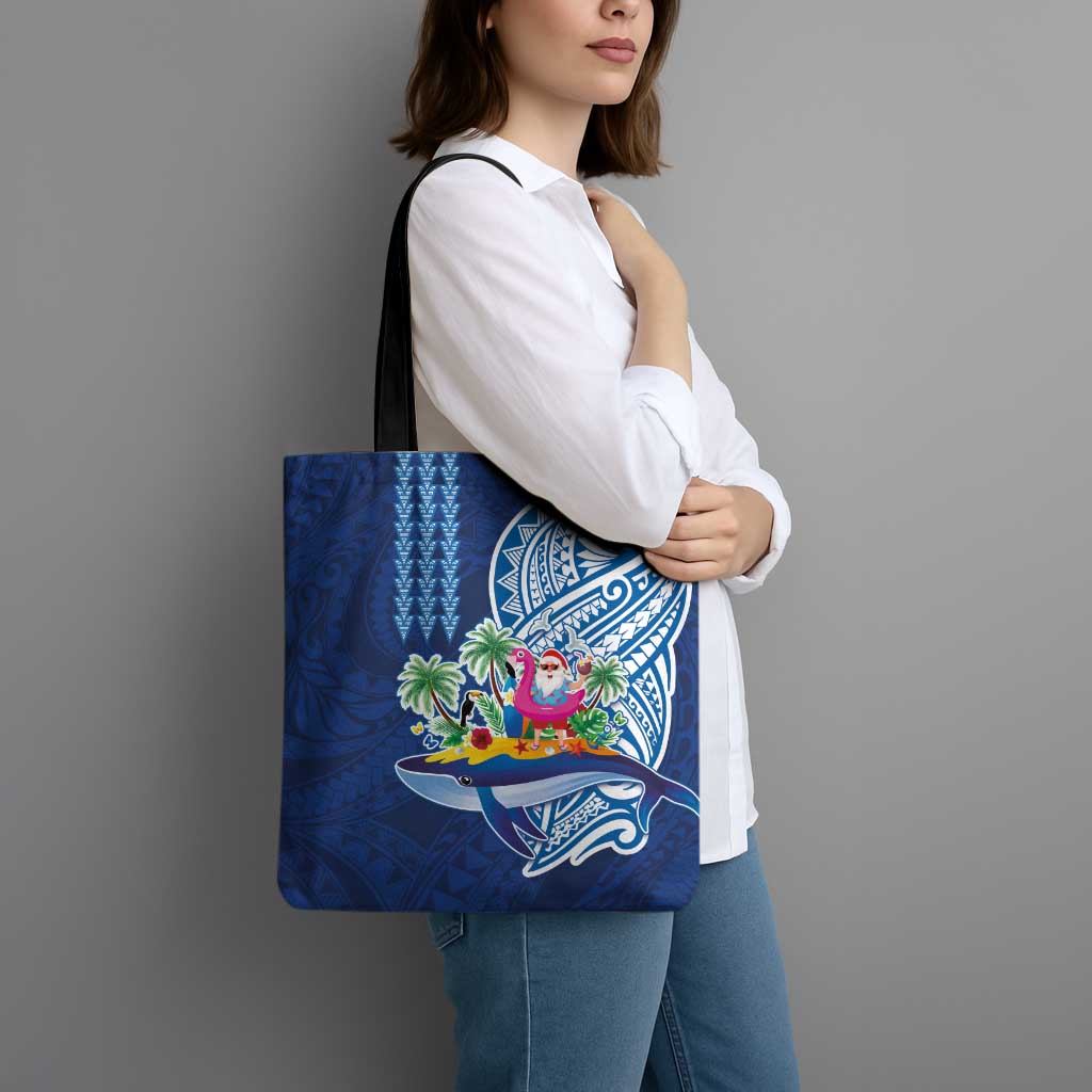 Hawaiian Mele Kalikimaka Tote Bag Funny Santa on Whale Island with Kakau Tattoos LT03 - Polynesian Pride
