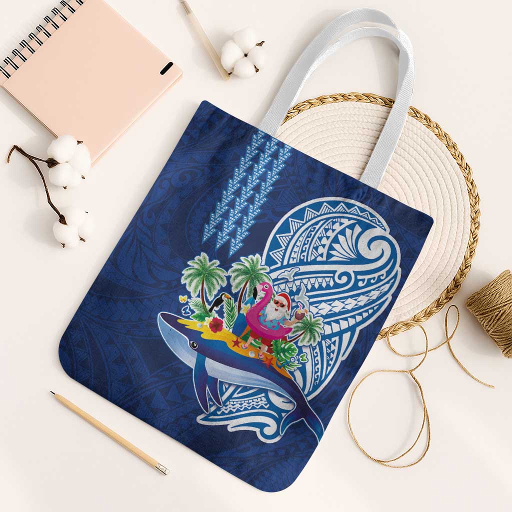 Hawaiian Mele Kalikimaka Tote Bag Funny Santa on Whale Island with Kakau Tattoos LT03 White Strap One Size Blue - Polynesian Pride