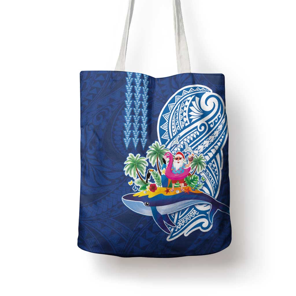 Hawaiian Mele Kalikimaka Tote Bag Funny Santa on Whale Island with Kakau Tattoos LT03 - Polynesian Pride