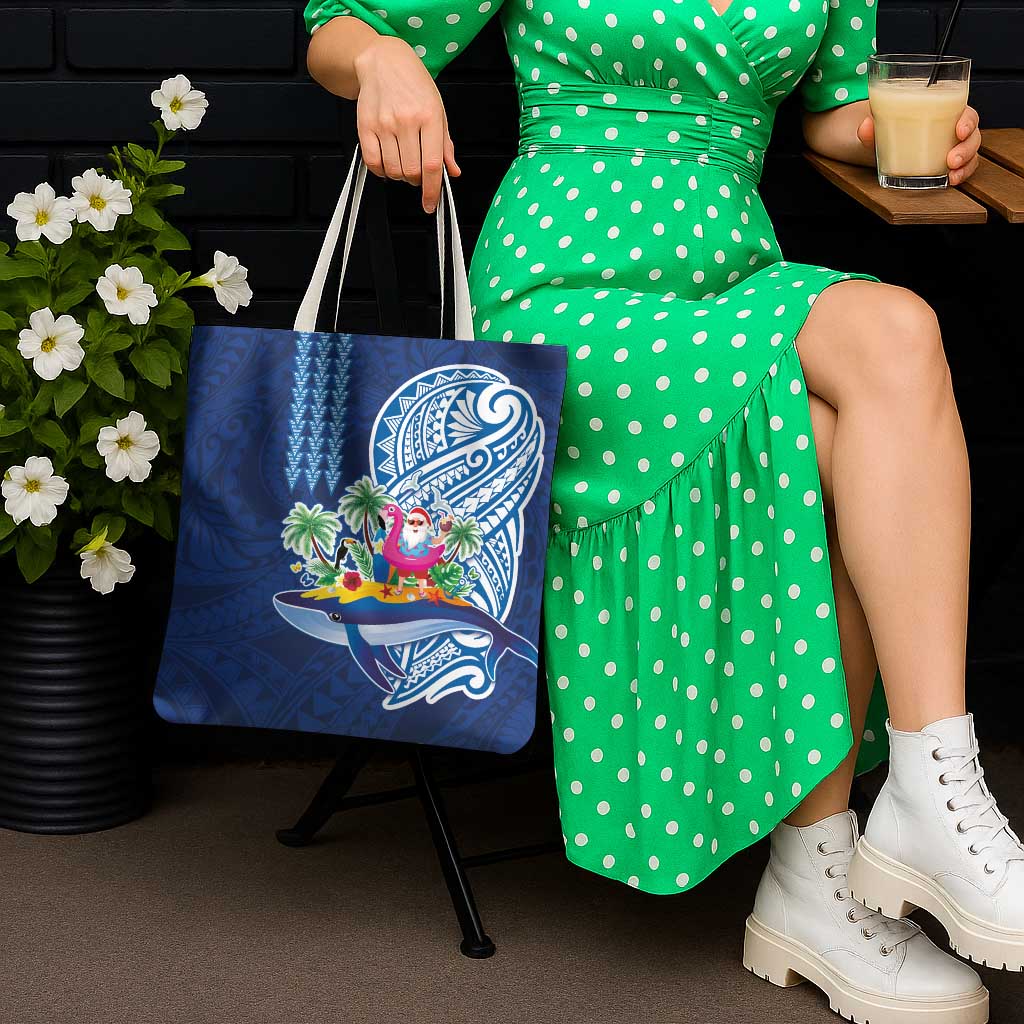 Hawaiian Mele Kalikimaka Tote Bag Funny Santa on Whale Island with Kakau Tattoos LT03 - Polynesian Pride