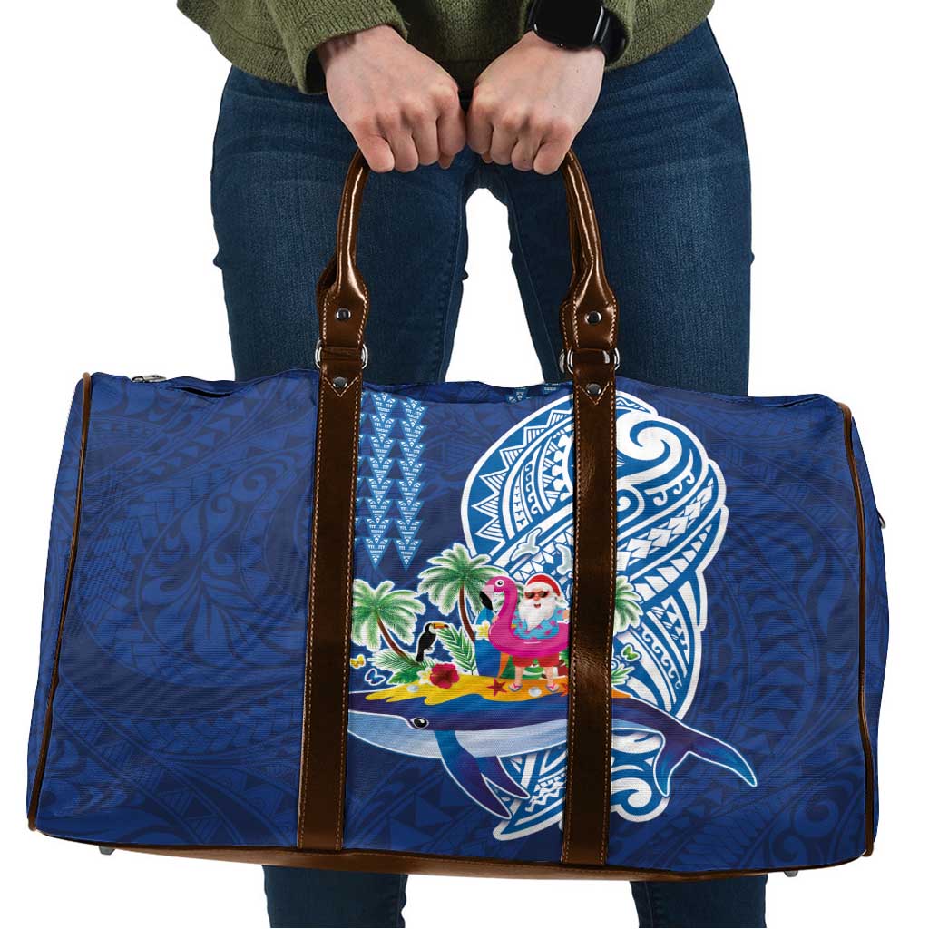 Hawaiian Mele Kalikimaka Travel Bag Funny Santa on Whale Island with Kakau Tattoos LT03 Blue - Polynesian Pride