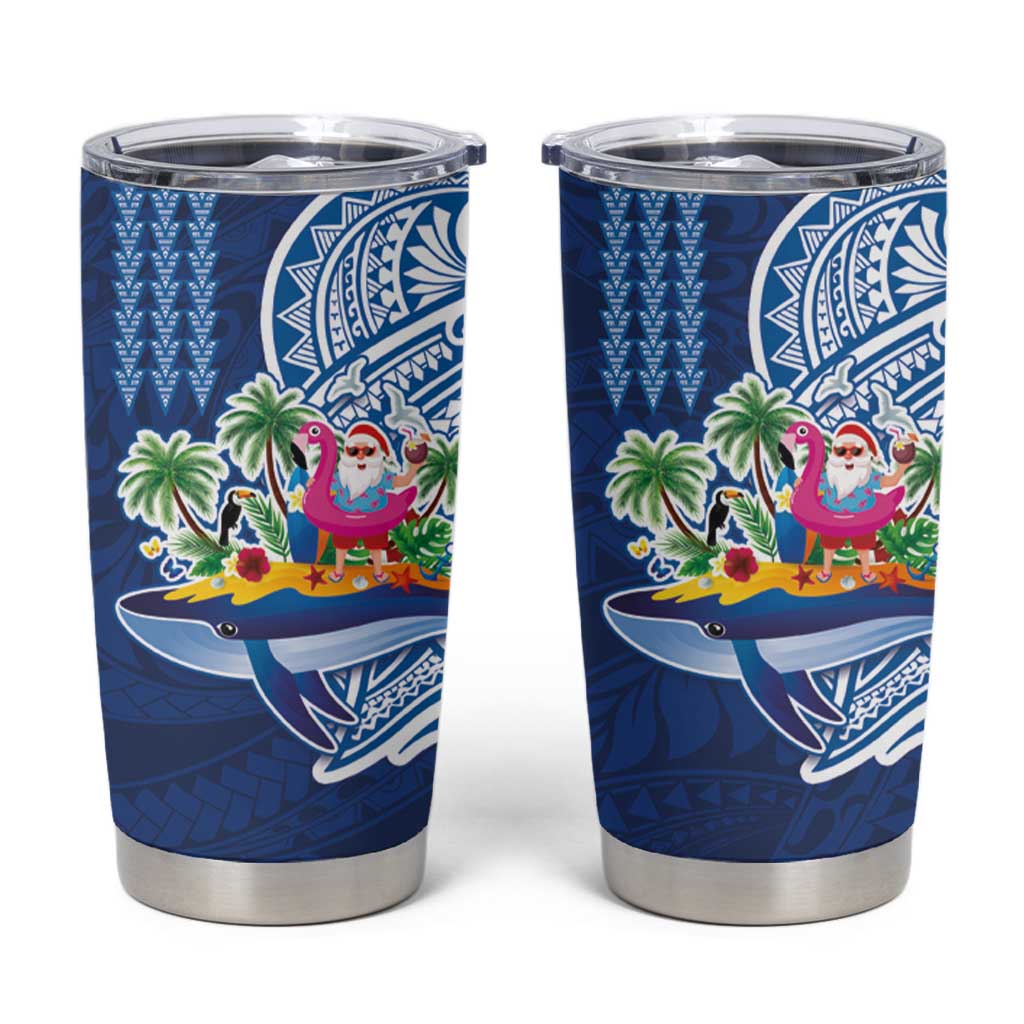 Hawaiian Mele Kalikimaka Tumbler Cup Funny Santa on Whale Island with Kakau Tattoos LT03 Blue - Polynesian Pride