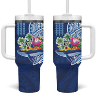 Hawaiian Mele Kalikimaka Tumbler With Handle Funny Santa on Whale Island with Kakau Tattoos LT03 One Size: 40 oz Blue - Polynesian Pride