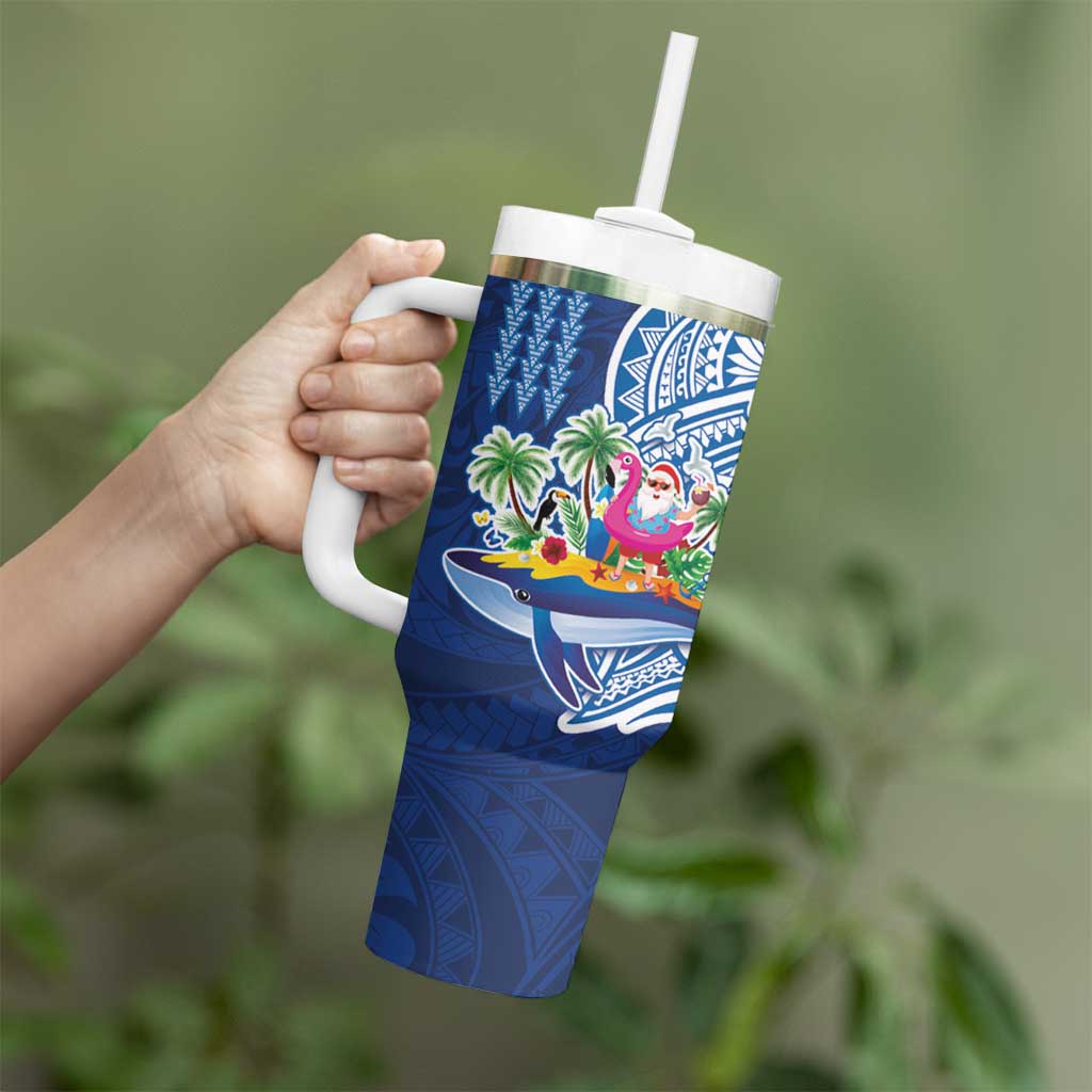 Hawaiian Mele Kalikimaka Tumbler With Handle Funny Santa on Whale Island with Kakau Tattoos LT03 - Polynesian Pride