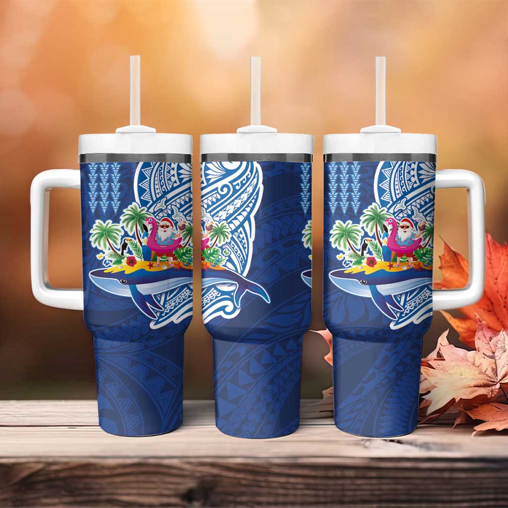 Hawaiian Mele Kalikimaka Tumbler With Handle Funny Santa on Whale Island with Kakau Tattoos LT03 - Polynesian Pride