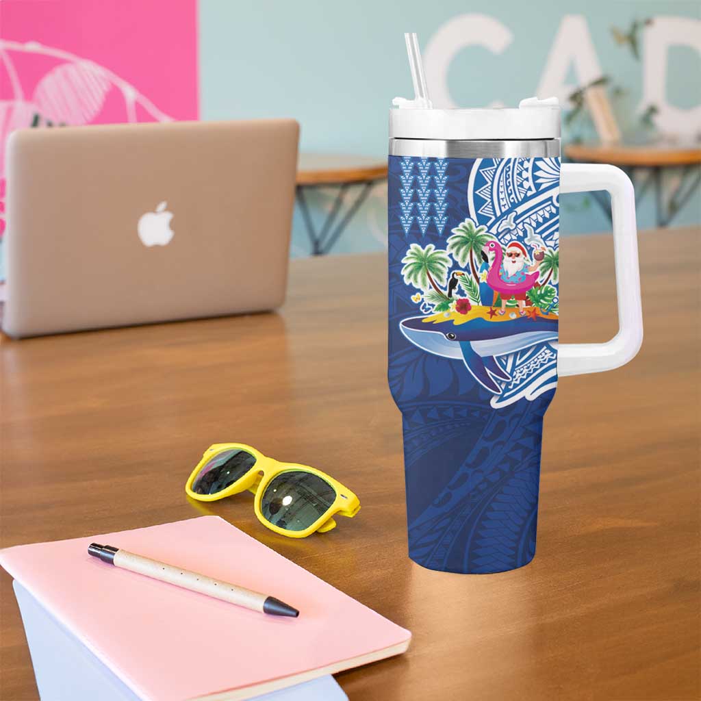Hawaiian Mele Kalikimaka Tumbler With Handle Funny Santa on Whale Island with Kakau Tattoos LT03 - Polynesian Pride