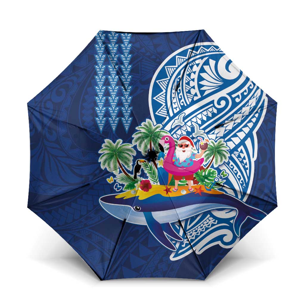 Hawaiian Mele Kalikimaka Umbrella Funny Santa on Whale Island with Kakau Tattoos LT03 One Size Folded 11.42 inch Opened Diameter 37.4 inch Blue - Polynesian Pride