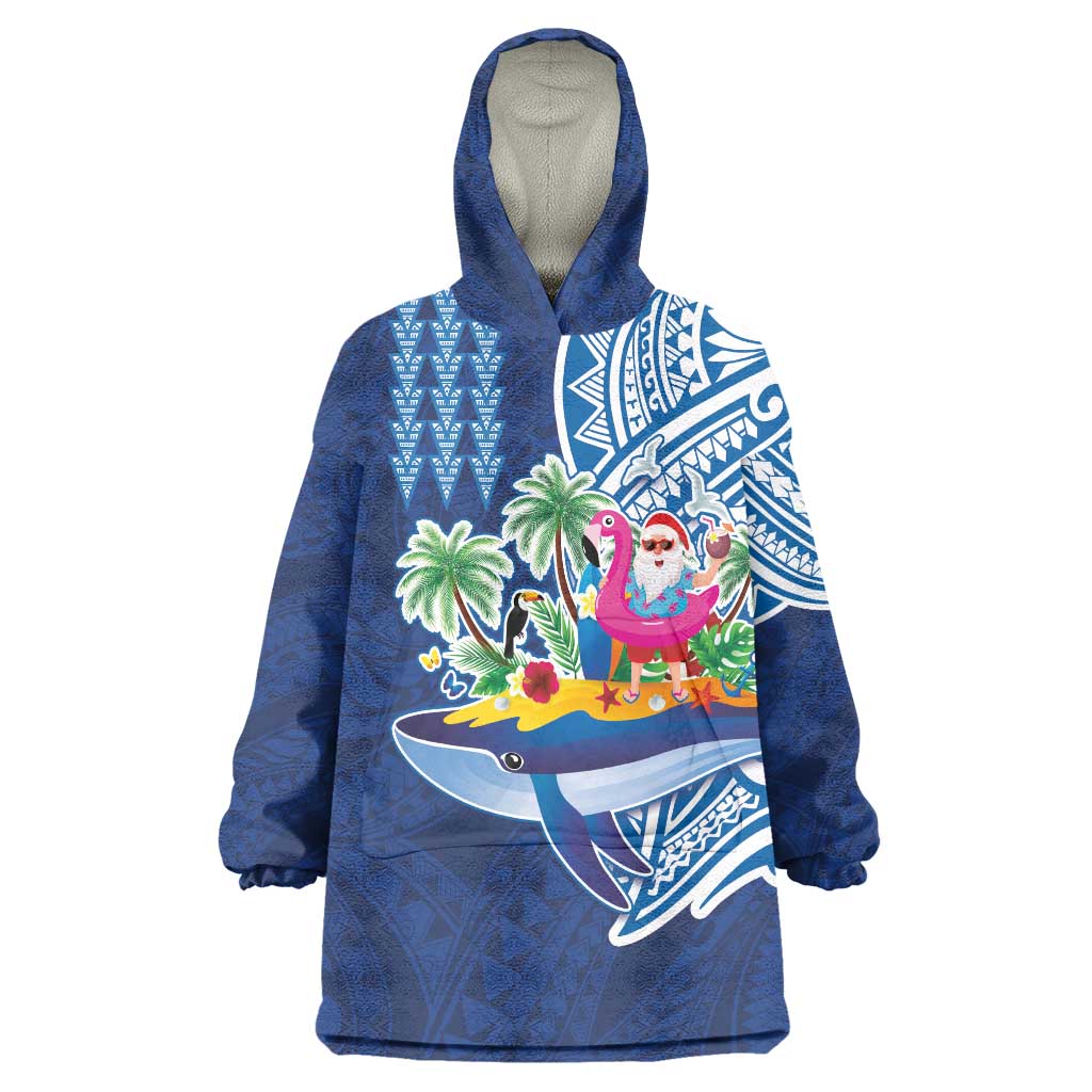 Hawaiian Mele Kalikimaka Wearable Blanket Hoodie Funny Santa on Whale Island with Kakau Tattoos LT03 One Size Blue - Polynesian Pride