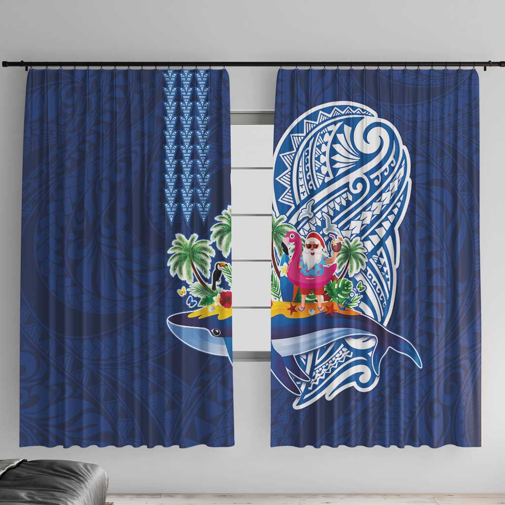 Hawaiian Mele Kalikimaka Window Curtain Funny Santa on Whale Island with Kakau Tattoos LT03 With Hooks Blue - Polynesian Pride