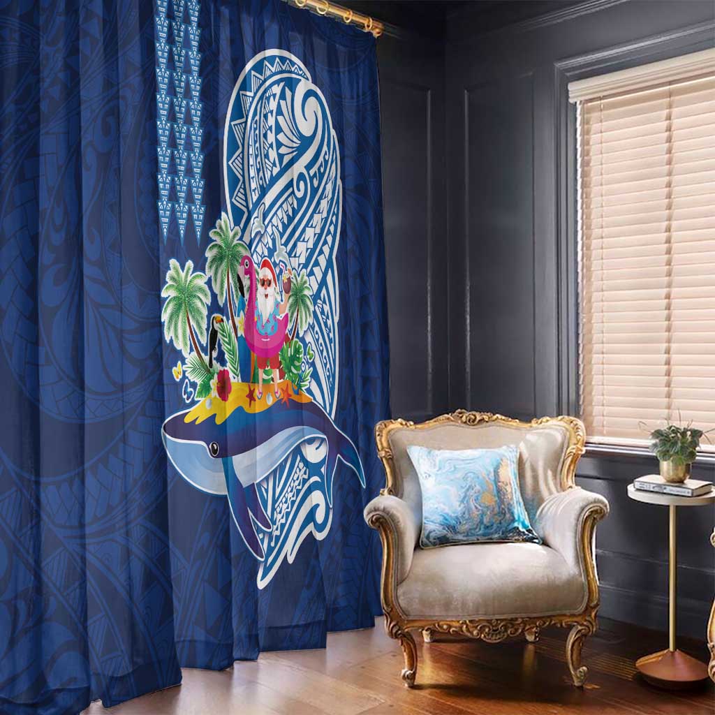 Hawaiian Mele Kalikimaka Window Curtain Funny Santa on Whale Island with Kakau Tattoos LT03 - Polynesian Pride