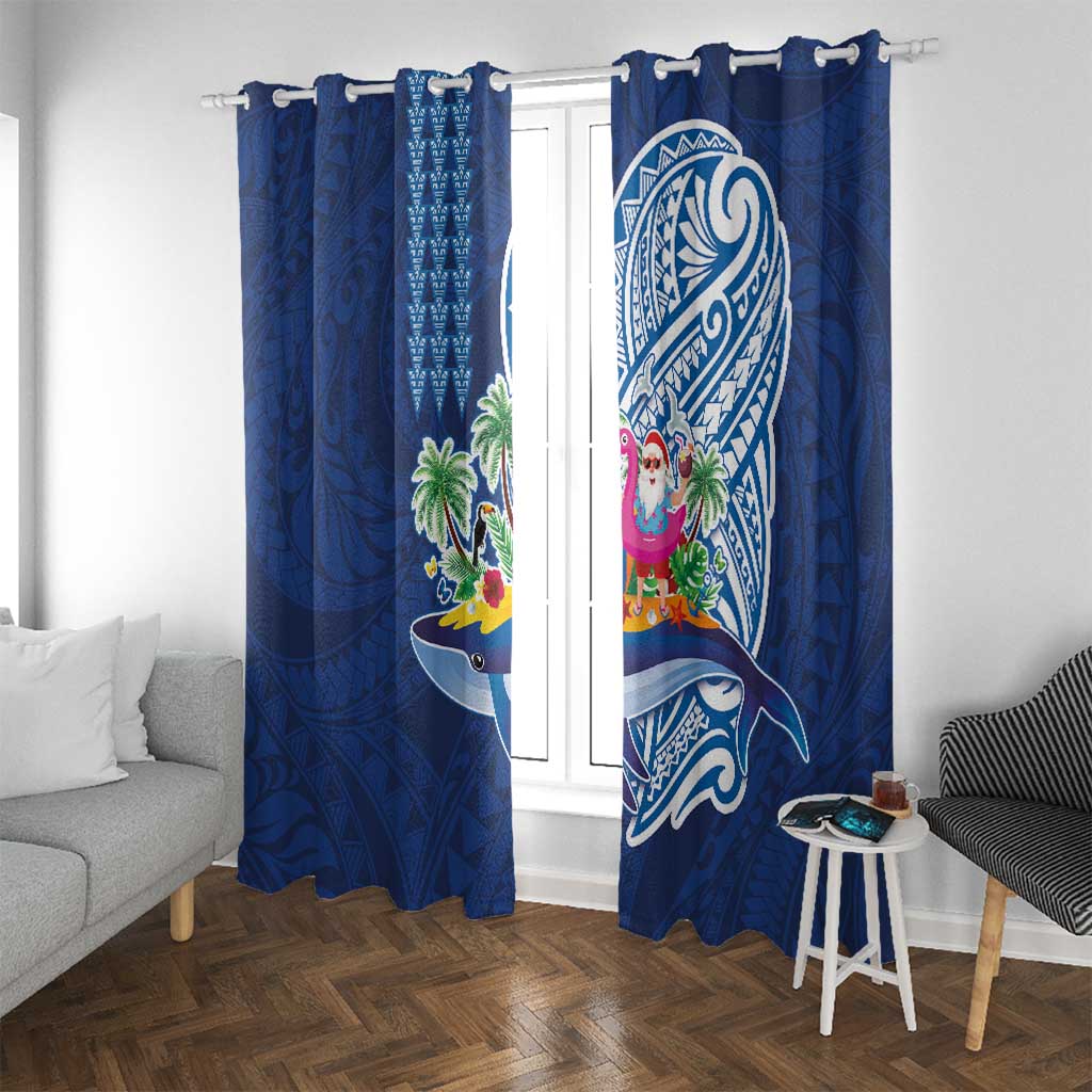 Hawaiian Mele Kalikimaka Window Curtain Funny Santa on Whale Island with Kakau Tattoos LT03 With Grommets Blue - Polynesian Pride