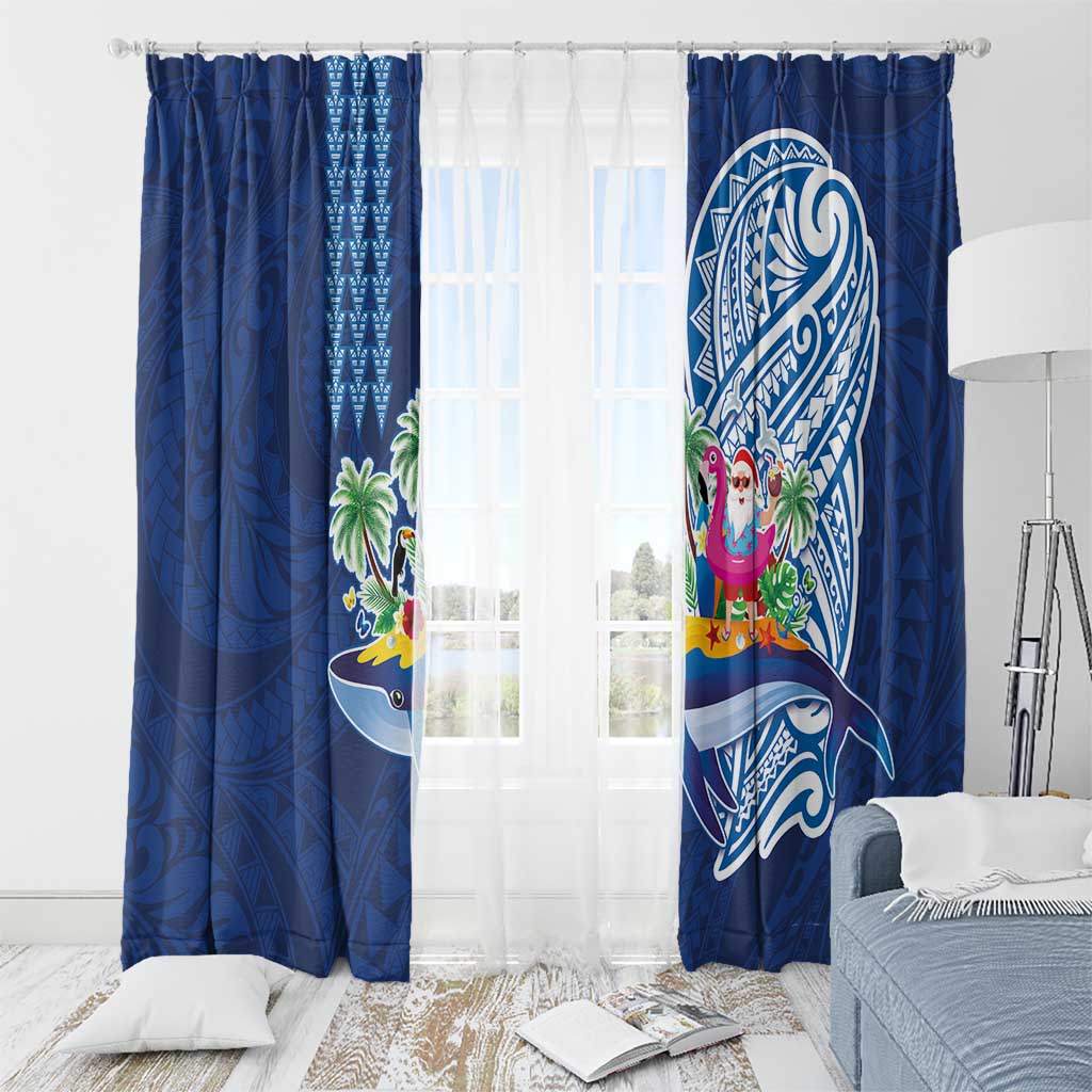 Hawaiian Mele Kalikimaka Window Curtain Funny Santa on Whale Island with Kakau Tattoos LT03 - Polynesian Pride
