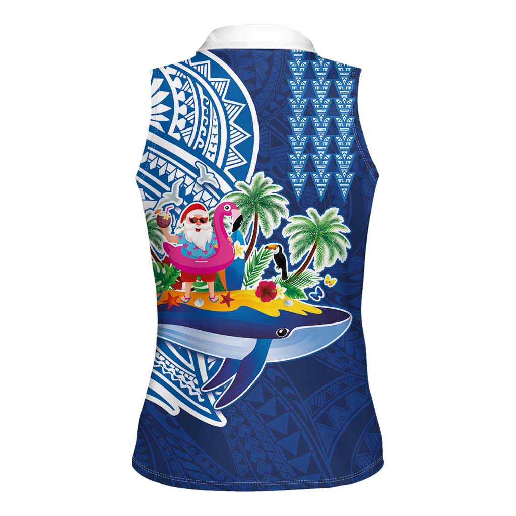 Hawaiian Mele Kalikimaka Women Sleeveless Polo Shirt Funny Santa on Whale Island with Kakau Tattoos LT03 - Polynesian Pride