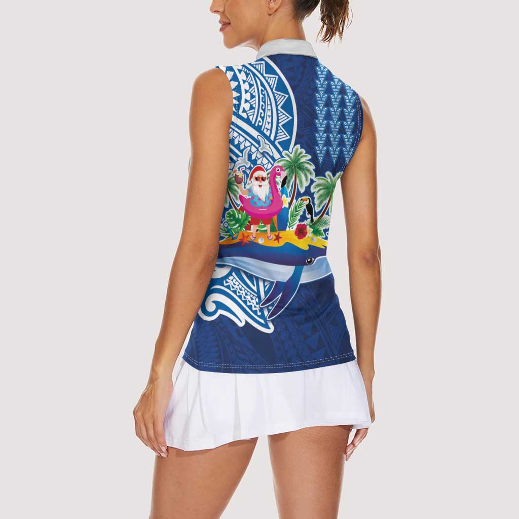 Hawaiian Mele Kalikimaka Women Sleeveless Polo Shirt Funny Santa on Whale Island with Kakau Tattoos LT03 - Polynesian Pride