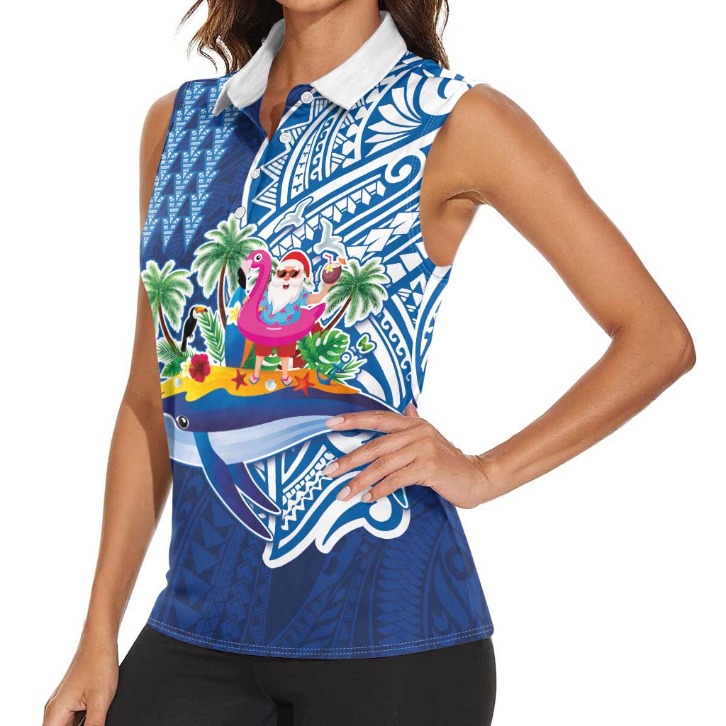 Hawaiian Mele Kalikimaka Women Sleeveless Polo Shirt Funny Santa on Whale Island with Kakau Tattoos LT03 - Polynesian Pride