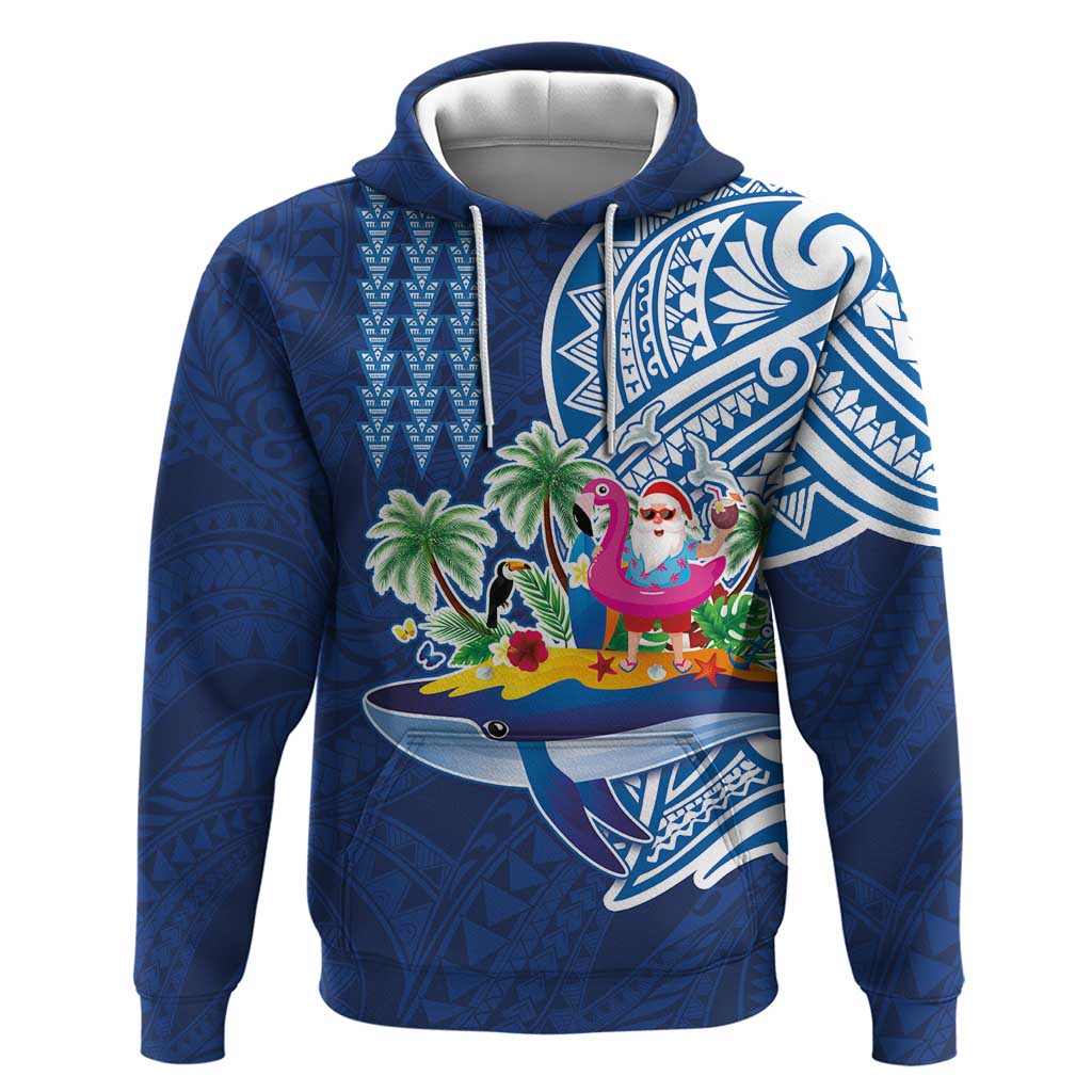 Hawaiian Mele Kalikimaka Zip Hoodie Funny Santa on Whale Island with Kakau Tattoos LT03 Pullover Hoodie Blue - Polynesian Pride