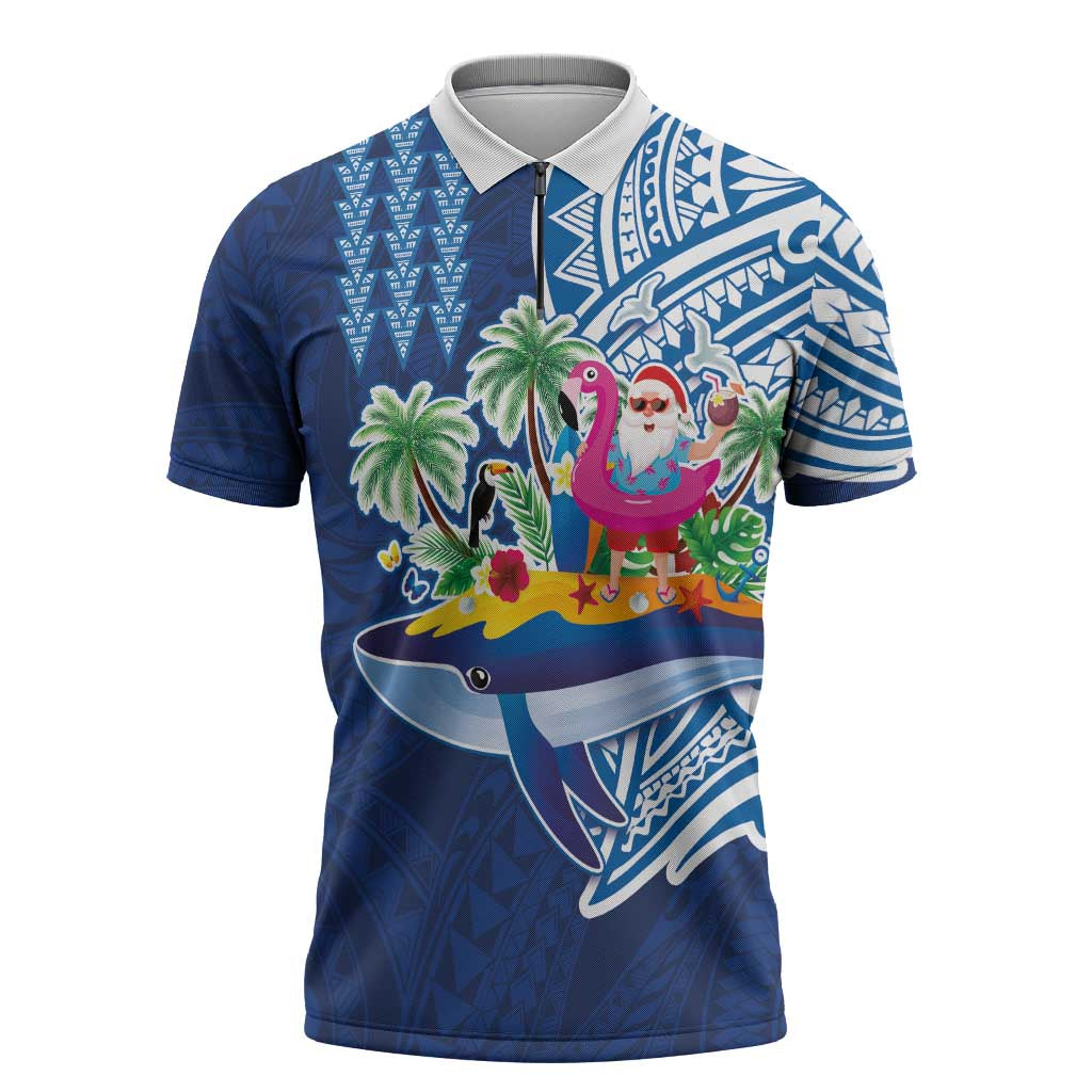 Hawaiian Mele Kalikimaka Zipper Polo Shirt Funny Santa on Whale Island with Kakau Tattoos LT03 Blue - Polynesian Pride