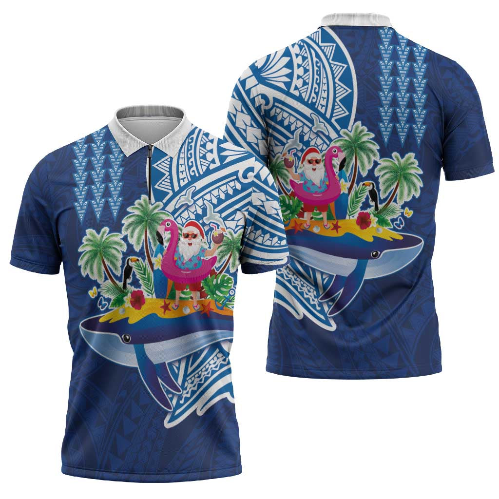 Hawaiian Mele Kalikimaka Zipper Polo Shirt Funny Santa on Whale Island with Kakau Tattoos LT03 - Polynesian Pride