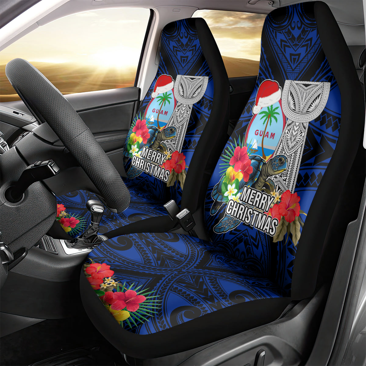 Guam Christmas Car Seat Cover Santa Gift Latte Stone and Sea Turle Mix Hibiscus Chamorro Blue Style LT03 - Polynesian Pride