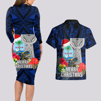 Guam Christmas Couples Matching Long Sleeve Bodycon Dress and Hawaiian Shirt Santa Gift Latte Stone and Sea Turle Mix Hibiscus Chamorro Blue Style LT03 - Polynesian Pride